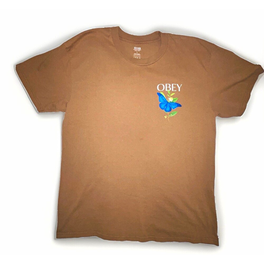 OBEY Brown Double-Sided Butterfly Graphic Logo Cotton Jersey Crew Neck Tee L